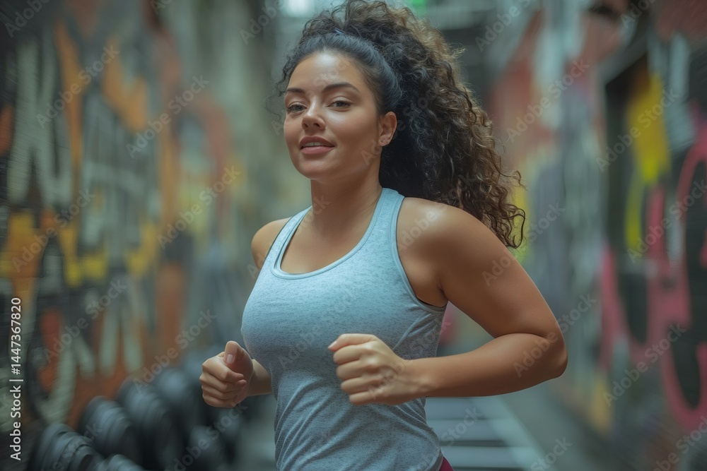 Fototapeta premium Plus-size runner shows determination and confidence while jogging on a treadmill in a vibrant urban gym, surrounded by colorful graffiti and fitness equipment