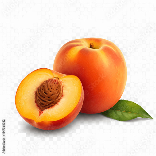 Transparent PNG image. A whole peach with light fuzz on its skin lies next to a peach in half, revealing its bright yellow flesh and brown seeds. Vector Illustration