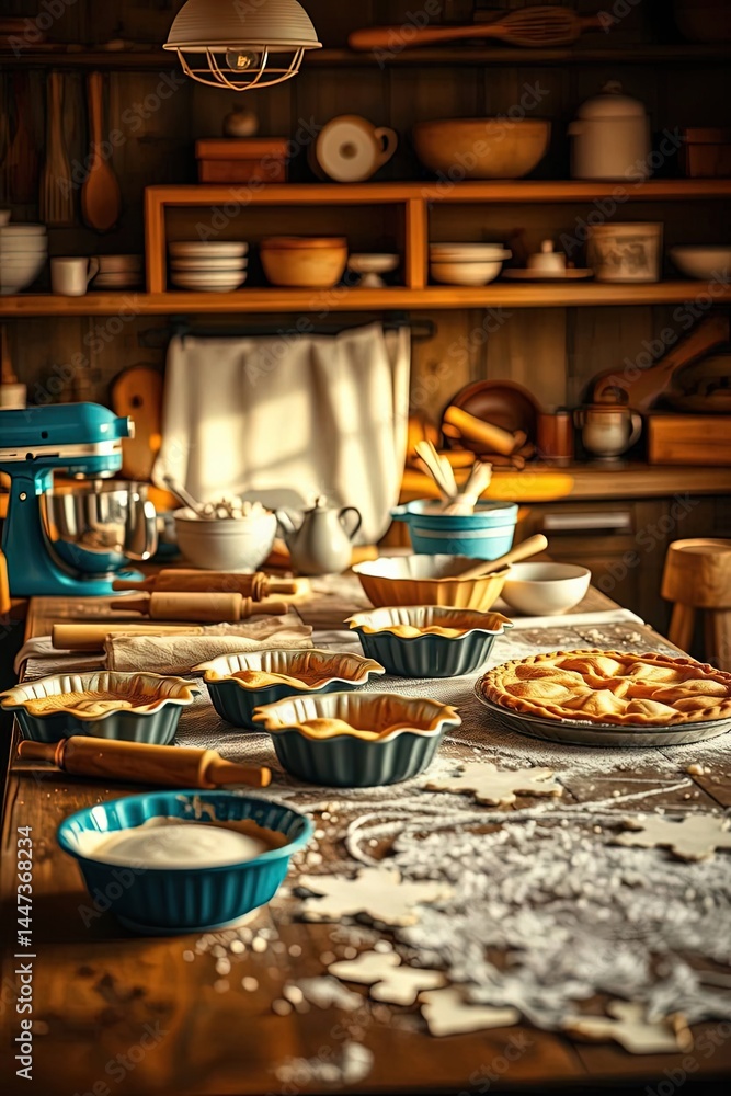 Fototapeta premium Cozy kitchen filled with baking supplies and cluttered charm invites creativity in every baked creation