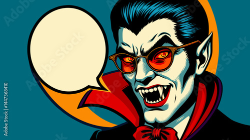 Charismatic vampire, empty speech bubble, party invitation poster in retro Pop Art vector