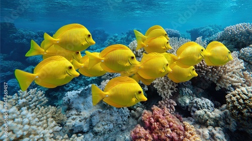 Fototapeta Naklejka Na Ścianę i Meble -  School of Yellow Tangs Swimming Over Coral Reef