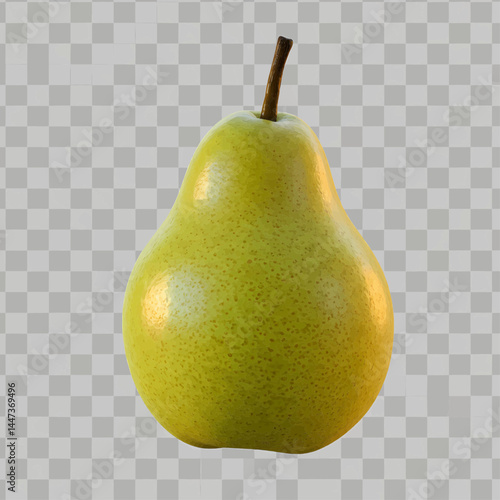 Transparent PNG image. The center of the image shows a single light green pear with warm golden hues and small dark green spots. The pear has a classic pear shape. Vector Illustration