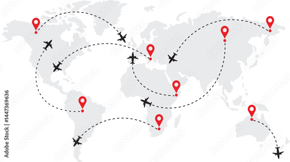Flight plane map. Plane flight with arrow. Airline map route