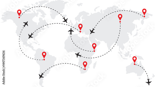 Flight plane map. Plane flight with arrow. Airline map route