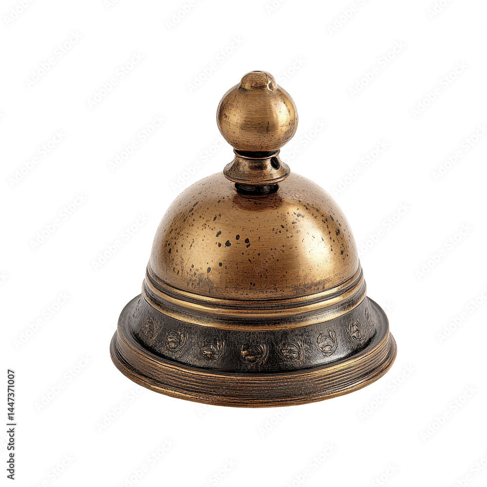 Unique antique brass bell with detailed craftsmanship displayed against a neutral background Unique antique brass bell with detailed craftsmanship displayed against a neutral background