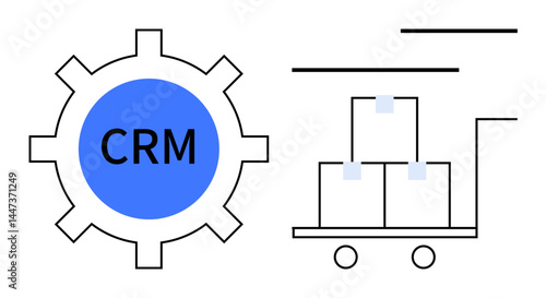 Gear labeled CRM alongside a trolley carrying cargo boxes. Ideal for logistics, customer service, business operations, supply chain, organization, efficiency, flat simple metaphor
