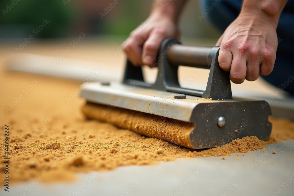 Close-up of hands using a hand-held tool to spread a fine granular substance on a flat surface Close-up of hands using a hand-held tool to spread a fine granular substance on a flat surface