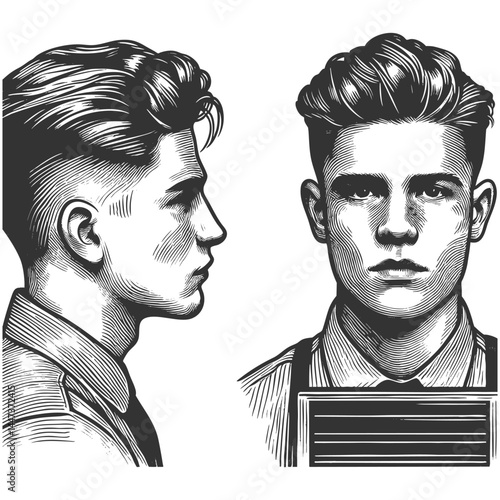 classic vintage mugshot featuring a serious-looking young man in front and side profile, drawn in engraving style sketch engraving generative ai vector illustration. Scratch board. Black and white.