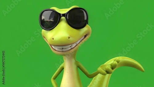Playful cartoon lizard wearing sunglasses against solid green background