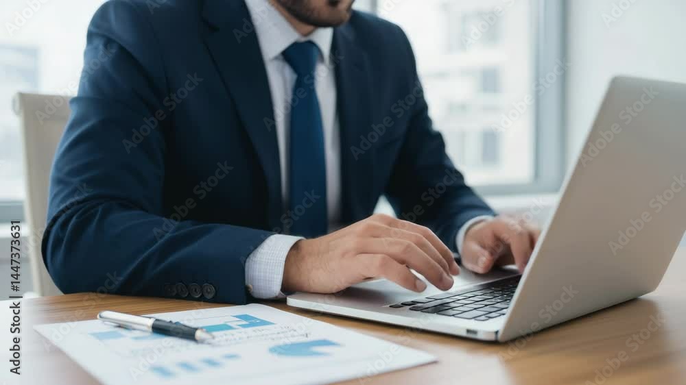 Businessman typing on laptop with documents at office desk
Businessman typing on laptop with documents at office desk