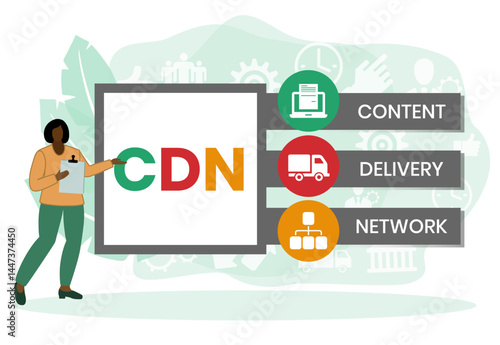 CDN - Content Delivery Network acronym, business concept. word lettering typography design illustration with line icons	