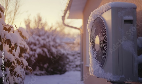 Snow Covered Outdoor Heat Pump Unit Winter Sunset