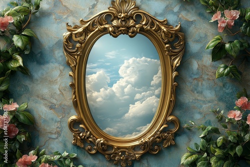 Ornate mirror reflecting sky, flowers; fantasy, decor