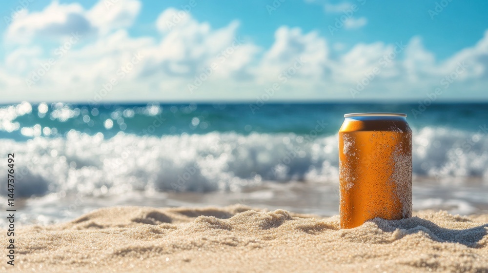 Golden can on sandy beach, ocean waves Golden can on sandy beach, ocean waves