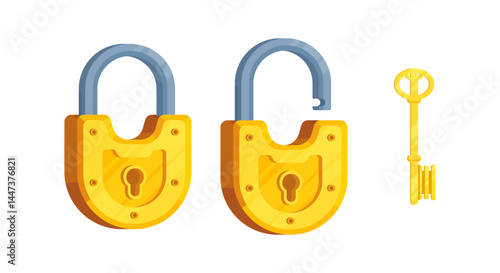 Illustration of a key with open and closed semi-circular lock