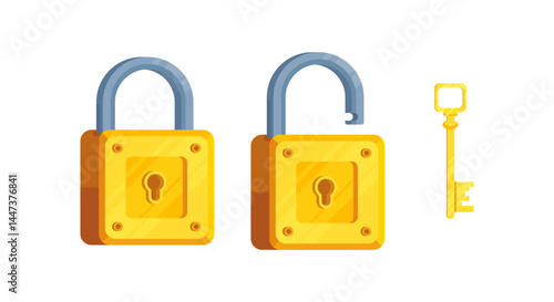 Illustration of detailed locks with open and closed lock and key