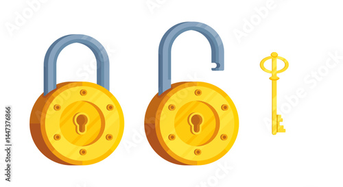 Illustration of detailed round locks with open and closed lock and key