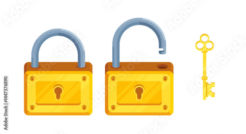 Illustration of detailed locks with open and closed lock and key