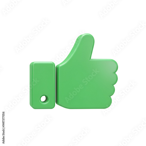 3D rendered, light green, stylized thumbs-up hand gesture