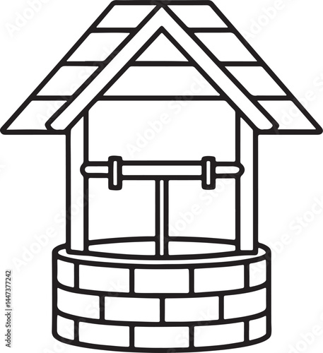 water well line art, black outline, vector and illustration, coloring book page line art drawing