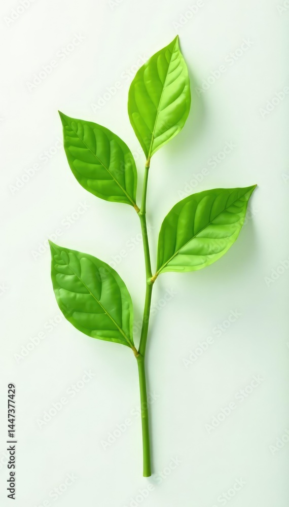 Fototapeta premium Green stem with leaves isolated on white background, stem, plant details, green stem