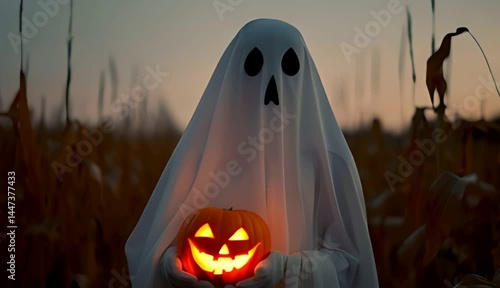 Spooky figure in a classic white ghost costume holds a glowing jack o lantern pumpkin in a cornfield at twilight