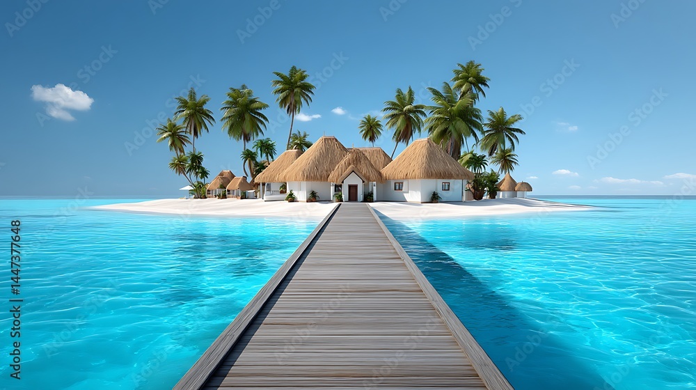 Fototapeta premium Tropical Island Paradise Wooden Dock to Luxury Bungalows.