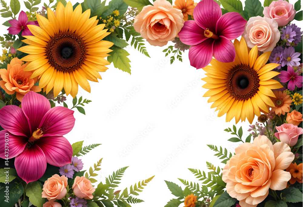 Fototapeta premium Sunflower Border Frame PNG on Transparent Background, Botanical Spring,Summer Overlay,invitation floral design, colorful flower art, floral arrangement illustration