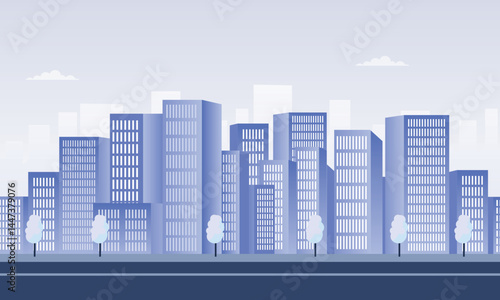 Monochrome Urban Cityscape Vector with Blue Buildings, Trees, and Cloudy Sky in Flat Modern Style