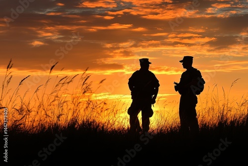 Marines Veterans. Military Platoon at Sunset Silhouettes. Soldiers in Company Warfare