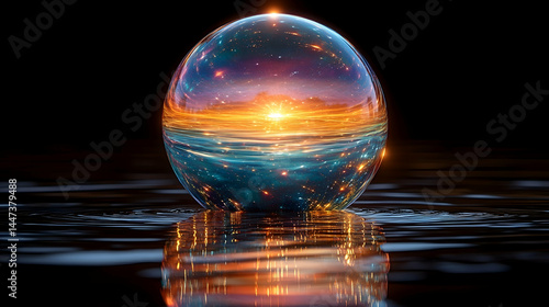 Crystal orb reflecting a vibrant sunset over water.  Contains a miniature universe within