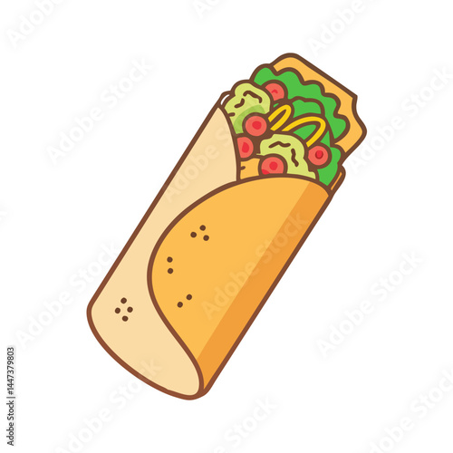 Delicious burrito with lettuce, tomatoes, and cheese, a tasty mexican food wrap illustration vector