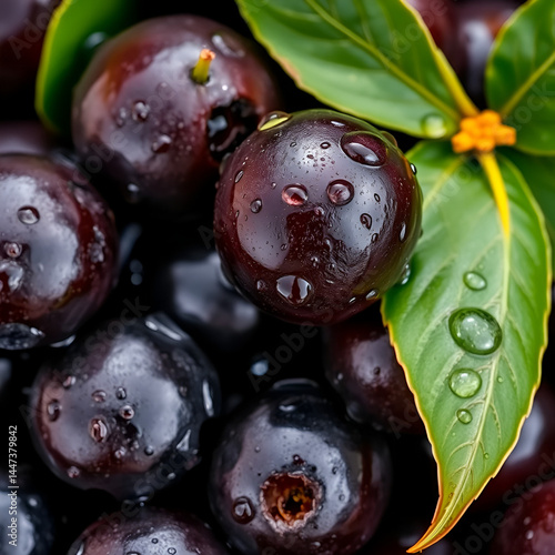 Fresh Acai Berries with Green Leaves - Close-up of fresh acai berries with water droplets, accompanied by green leaves, highlighting their glossy texture and vibrant color.