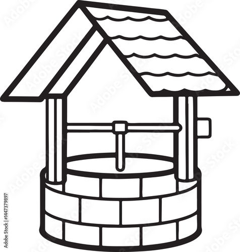water well line art, black outline, vector and illustration, coloring book page line art drawing