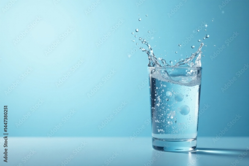 Refreshing Sparkling Water Splash in Glass on Blue Background