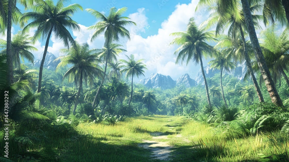 Green nature scene with tall coconut trees. A quiet, peaceful place with coconut palms.
Green nature scene with tall coconut trees. A quiet, peaceful place with coconut palms.