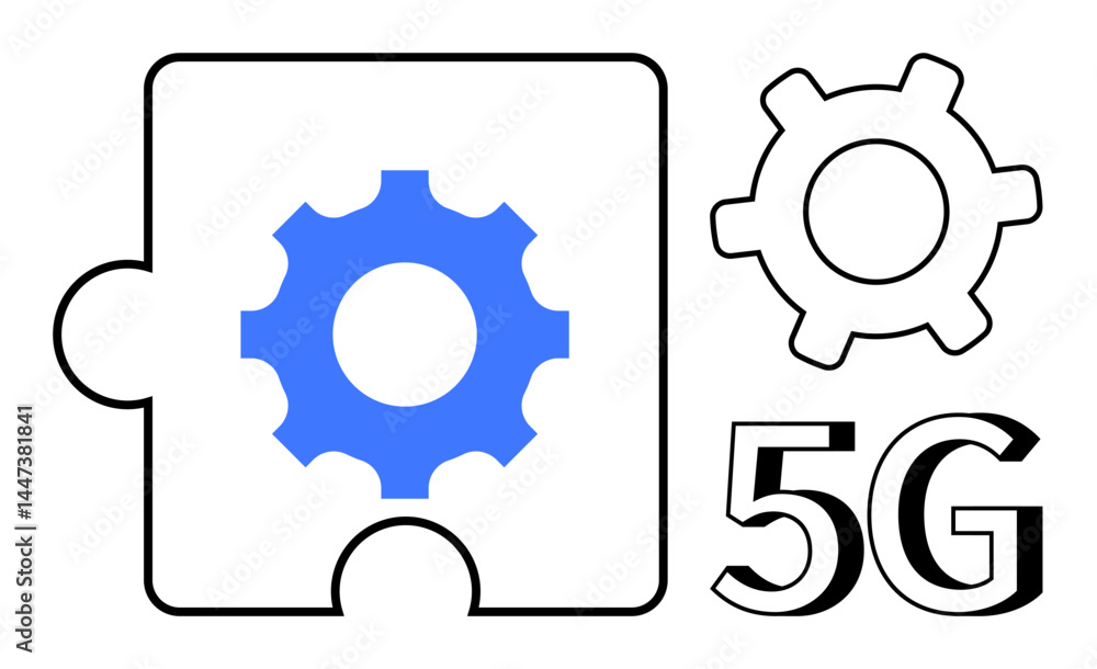 Blue gear piece within a puzzle alongside a gear outline and 5G text, emphasizing connectivity, technology, innovation. Ideal for networking, digital transformation, mobile technology Blue gear piece within a puzzle alongside a gear outline and 5G text, emphasizing connectivity, technology, innovation. Ideal for networking, digital transformation, mobile technology