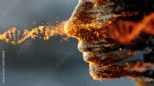 Sparkling DNA Wave Emerging from a Fantastical Human Face