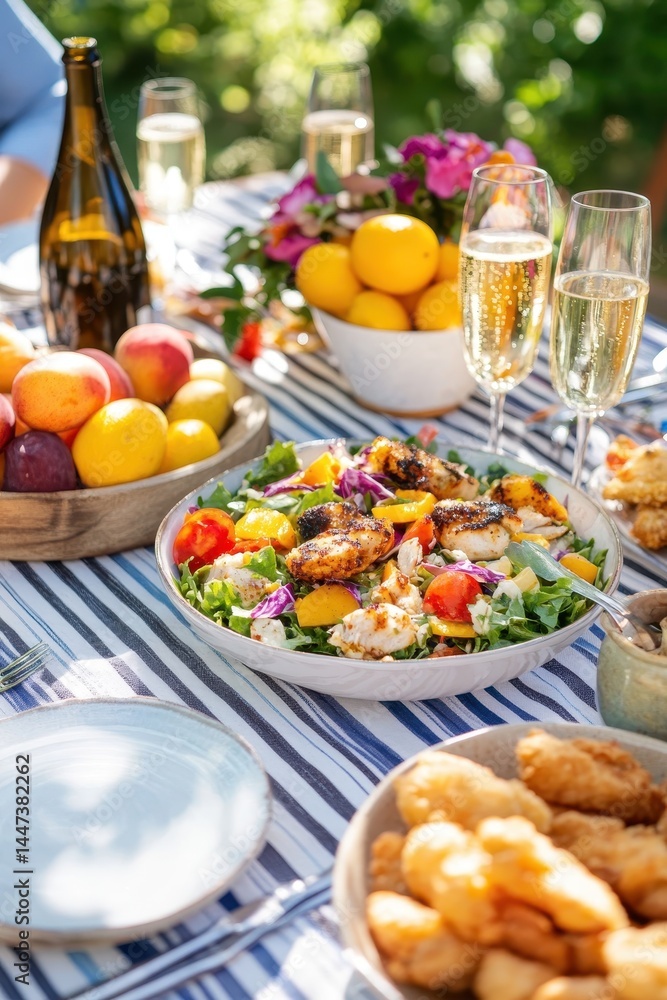 Mediterranean Salad. Picnic Scene with Fresh Salad, Colorful Fruits, and Fried Foods on a Festive Table Cloth Mediterranean Salad. Picnic Scene with Fresh Salad, Colorful Fruits, and Fried Foods on a Festive Table Cloth