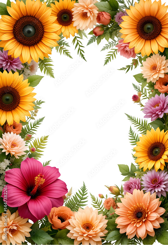 Obraz premium Sunflower Border Frame PNG on Transparent Background, Botanical Spring,Summer Overlay,invitation floral design, colorful flower art, floral arrangement illustration
