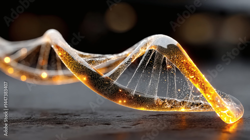 Stunning Glowing DNA Helix Model on Dark Surface with Bright Lights
