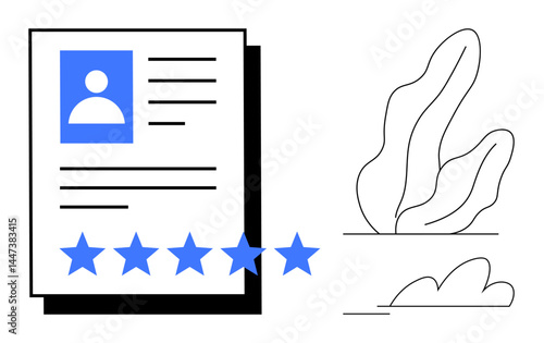 User profile document featuring blue five-star rating, outlined avatar, text details, abstract minimalist plant and cloud shapes. Ideal for recruitment, performance, profile design, success