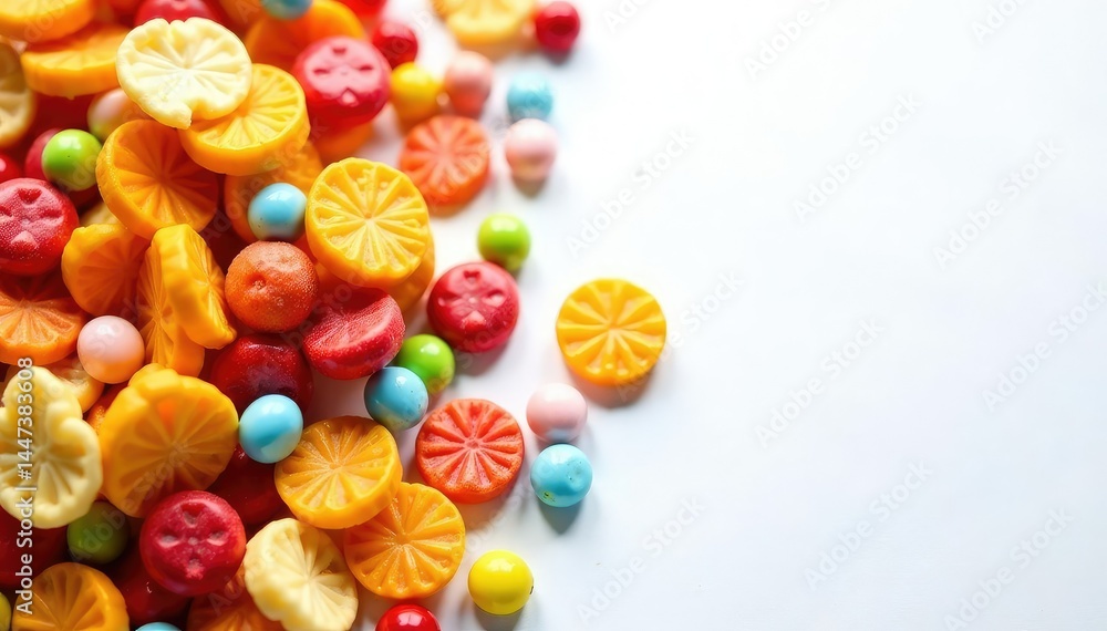 Pile of colorful candy, chips, and soda on white , sugar, cookies Pile of colorful candy, chips, and soda on white , sugar, cookies
