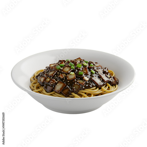 A bowl of black bean sauce spaghetti topped with sauteed onions and green onions