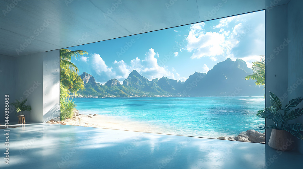 Fototapeta premium Modern minimalist interior with a panoramic view of a tropical beach and mountains. Lush landscape through a large window