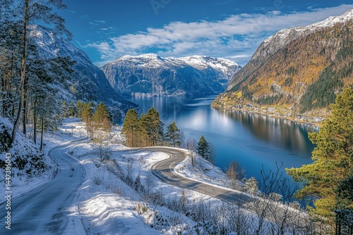 Scenic Winter Road Winding Through Norwegian Fjord