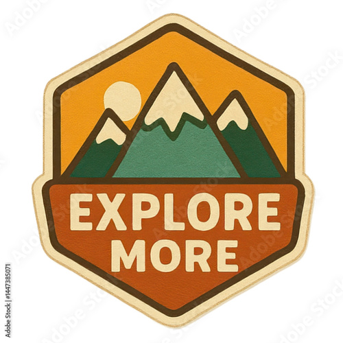 A colorful badge featuring mountains, a sun, and the phrase 