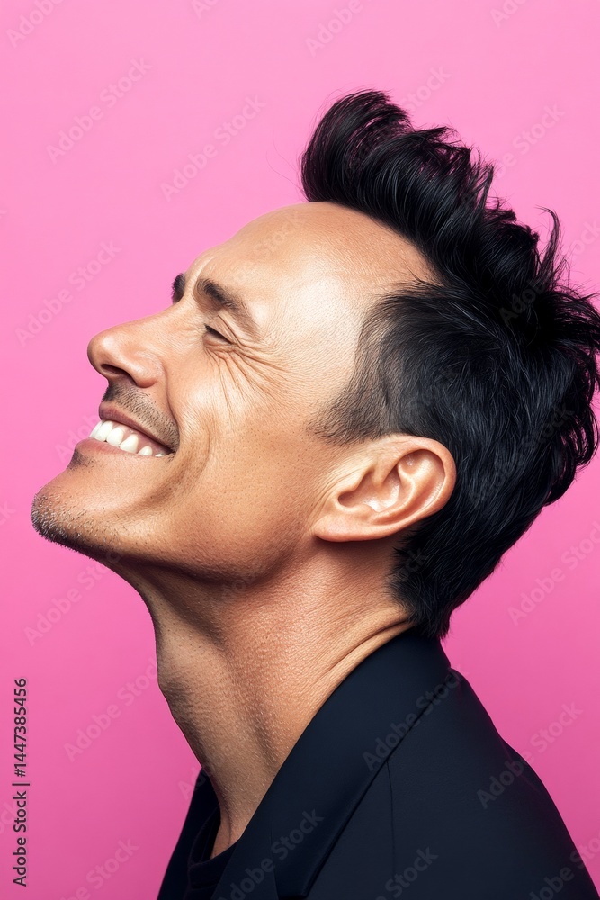 Fototapeta premium Pink solid background. A happy and poised man radiating charm. Conceptual art of style for aging men. Modish men's classic short back and sides haircut - midlife white man with black hai.
