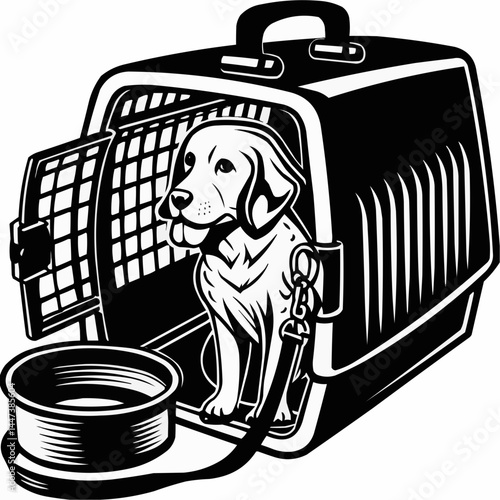 A dog sitting in a travel crate with a bowl and a leash