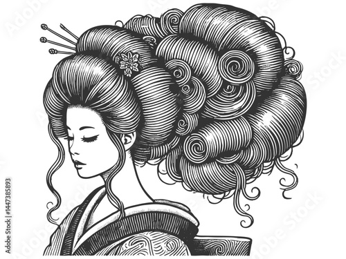 Asian woman with striking voluminous hair, showcasing elegance, beauty, and timeless fashion sketch engraving generative ai vector illustration. Scratch board imitation. Black and white image.